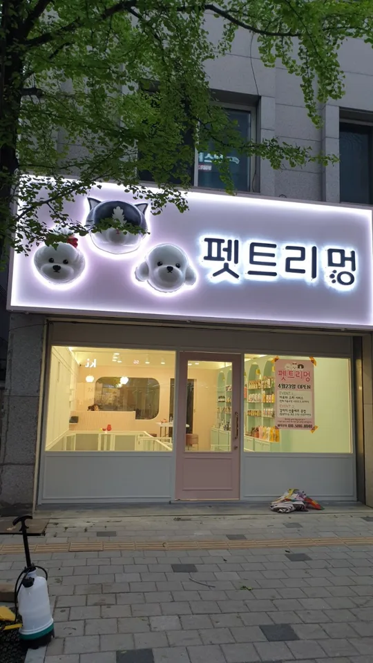 수원시 영통구 광교 펫트리멍 · 반려동물 조형물과 상호 조명이 켜진 실제 현장 · 실제 시공 사진