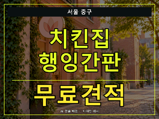 서울 중구 치킨집 행잉간판 무료견적 안내 썸네일 · AI 연출 배경
