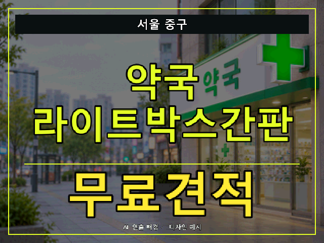 서울 중구 약국 라이트박스간판 무료견적 안내 썸네일 · AI 연출 배경