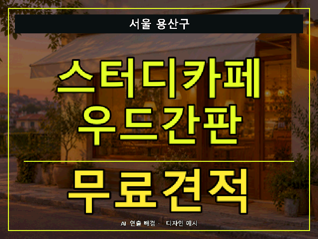 서울 용산구 스터디카페 우드간판 무료견적 안내 썸네일 · AI 연출 배경