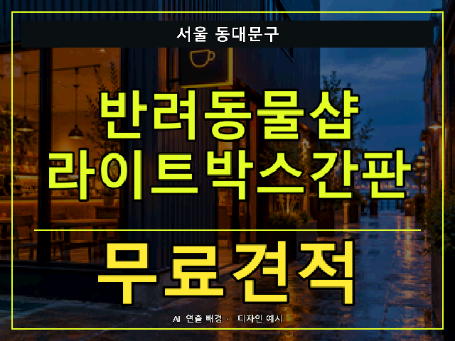서울 동대문구 반려동물샵 라이트박스간판 무료견적 안내 썸네일 · AI 연출 배경