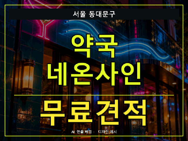 서울 동대문구 약국 네온사인 무료견적 안내 썸네일 · AI 연출 배경