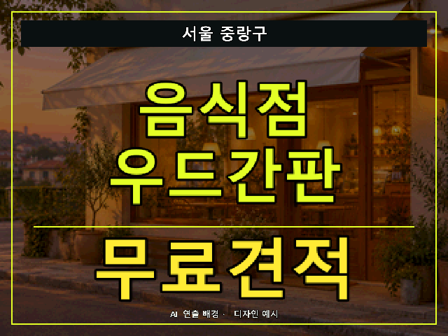 서울 중랑구 음식점 우드간판 무료견적 안내 썸네일 · AI 연출 배경