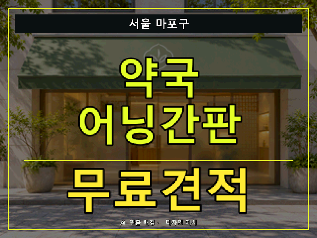 서울 마포구 약국 어닝간판 무료견적 안내 썸네일 · AI 연출 배경