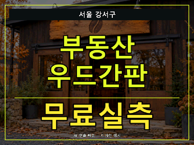서울 강서구 부동산 우드간판 무료실측 안내 썸네일 · AI 연출 배경