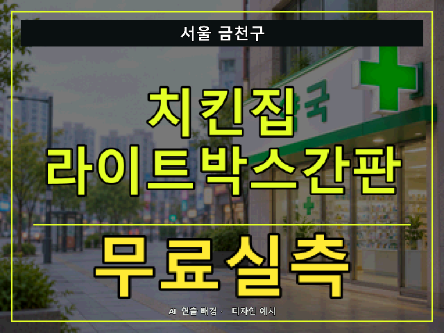 서울 금천구 치킨집 라이트박스간판 무료실측 안내 썸네일 · AI 연출 배경