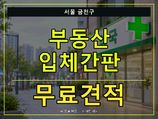 서울 금천구 부동산 입체간판 무료견적 안내 썸네일 · AI 연출 배경