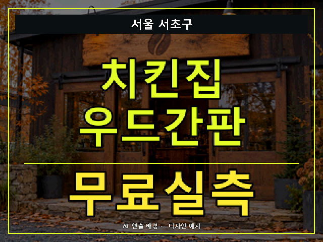 서울 서초구 치킨집 우드간판 무료실측 안내 썸네일 · AI 연출 배경
