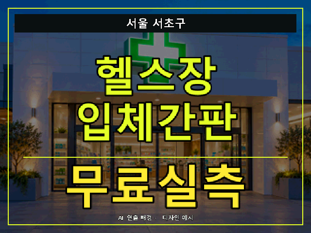 서울 서초구 헬스장 입체간판 무료실측 안내 썸네일 · AI 연출 배경