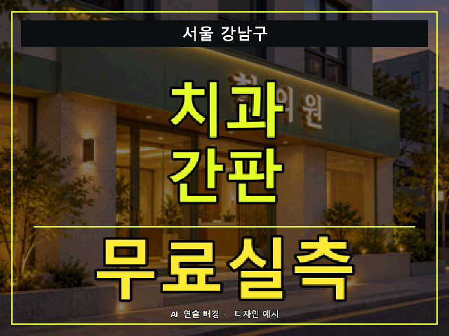 서울 강남구 치과 간판 무료실측 안내 썸네일 · AI 연출 배경