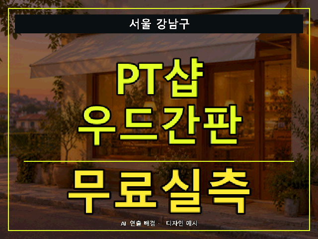 서울 강남구 PT샵 우드간판 무료실측 안내 썸네일 · AI 연출 배경