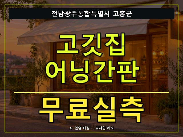 전남광주통합특별시 고흥군 고깃집 어닝간판 무료실측 안내 썸네일 · AI 연출 배경