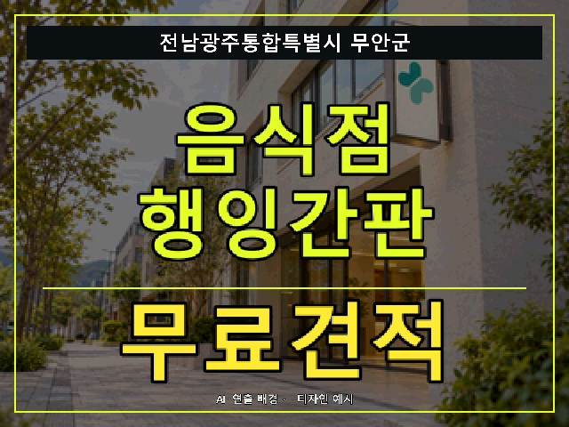 전남광주통합특별시 무안군 음식점 행잉간판 무료견적 안내 썸네일 · AI 연출 배경
