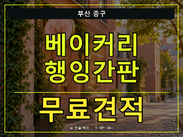 부산 중구 베이커리 행잉간판 무료견적 안내 썸네일 · AI 연출 배경