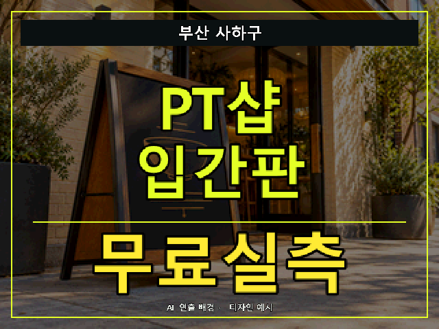 부산 사하구 PT샵 입간판 무료실측 안내 썸네일 · AI 연출 배경