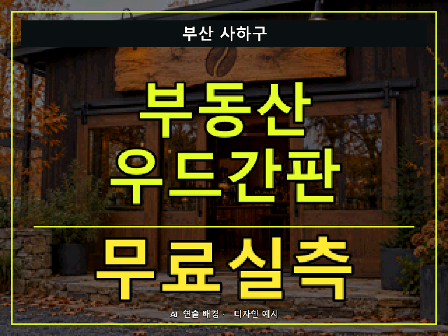 부산 사하구 부동산 우드간판 무료실측 안내 썸네일 · AI 연출 배경