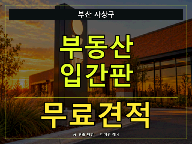 부산 사상구 부동산 입간판 무료견적 안내 썸네일 · AI 연출 배경