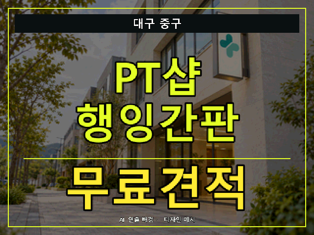 대구 중구 PT샵 행잉간판 무료견적 안내 썸네일 · AI 연출 배경