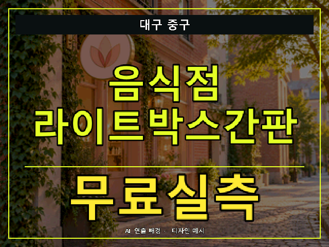 대구 중구 음식점 라이트박스간판 무료실측 안내 썸네일 · AI 연출 배경