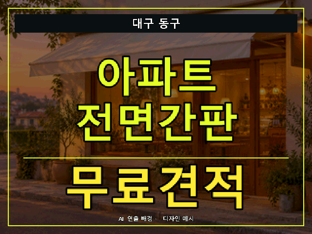 대구 동구 아파트 전면간판 무료견적 안내 썸네일 · AI 연출 배경