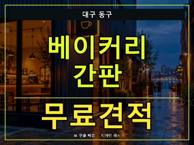 대구 동구 베이커리 간판 무료견적 안내 썸네일 · AI 연출 배경