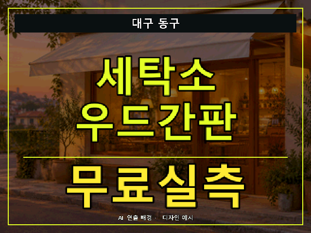 대구 동구 세탁소 우드간판 무료실측 안내 썸네일 · AI 연출 배경