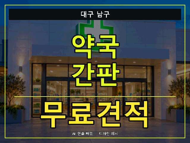 대구 남구 약국 간판 무료견적 안내 썸네일 · AI 연출 배경
