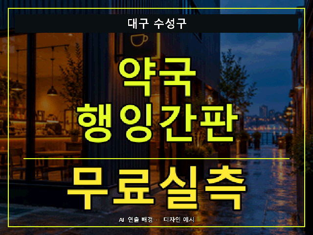 대구 수성구 약국 행잉간판 무료실측 안내 썸네일 · AI 연출 배경