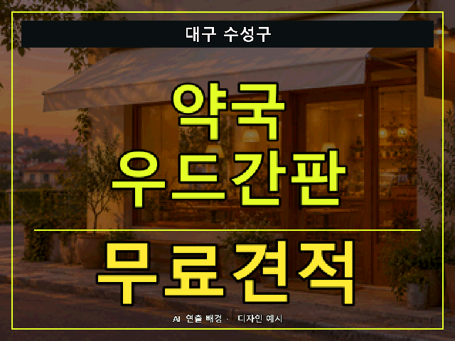 대구 수성구 약국 우드간판 무료견적 안내 썸네일 · AI 연출 배경
