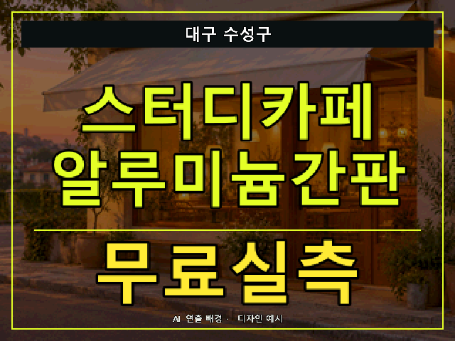 대구 수성구 스터디카페 알루미늄간판 무료실측 안내 썸네일 · AI 연출 배경