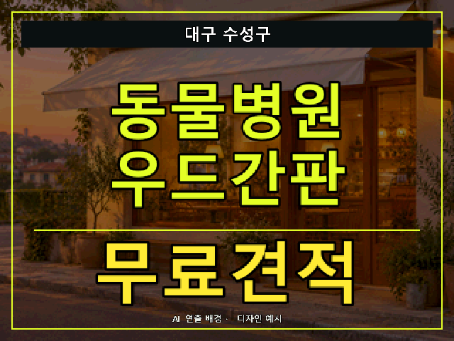 대구 수성구 동물병원 우드간판 무료견적 안내 썸네일 · AI 연출 배경