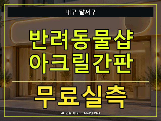 대구 달서구 반려동물샵 아크릴간판 무료실측 안내 썸네일 · AI 연출 배경