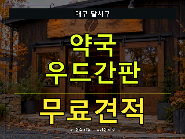 대구 달서구 약국 우드간판 무료견적 안내 썸네일 · AI 연출 배경