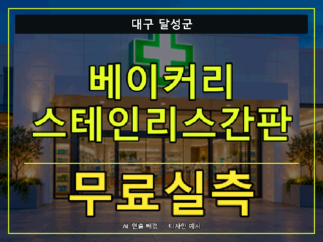 대구 달성군 베이커리 스테인리스간판 무료실측 안내 썸네일 · AI 연출 배경