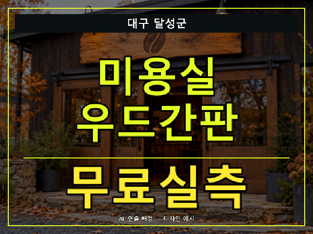 대구 달성군 미용실 우드간판 무료실측 안내 썸네일 · AI 연출 배경