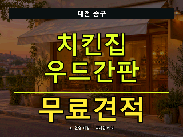 대전 중구 치킨집 우드간판 무료견적 안내 썸네일 · AI 연출 배경