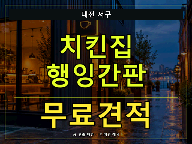 대전 서구 치킨집 행잉간판 무료견적 안내 썸네일 · AI 연출 배경