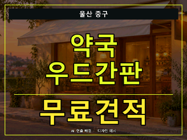 울산 중구 약국 우드간판 무료견적 안내 썸네일 · AI 연출 배경