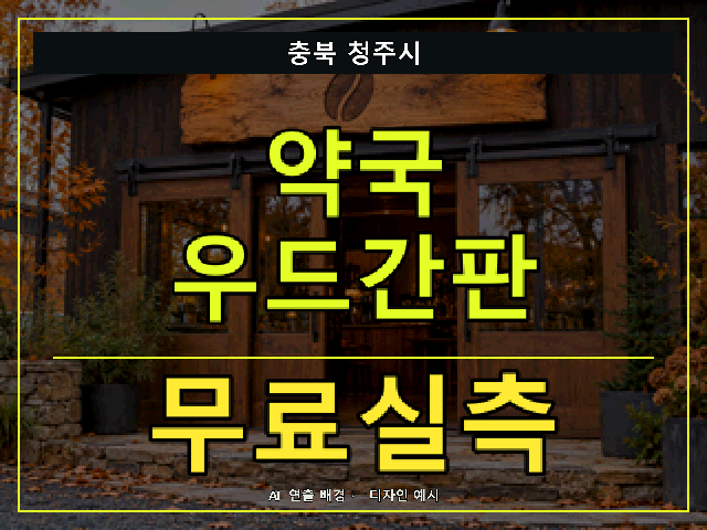 충북 청주시 약국 우드간판 무료실측 안내 썸네일 · AI 연출 배경