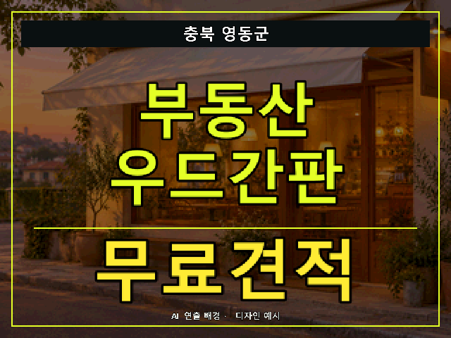 충북 영동군 부동산 우드간판 무료견적 안내 썸네일 · AI 연출 배경
