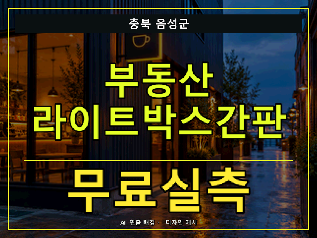 충북 음성군 부동산 라이트박스간판 무료실측 안내 썸네일 · AI 연출 배경