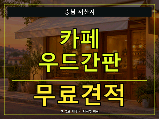 충남 서산시 카페 우드간판 무료견적 안내 썸네일 · AI 연출 배경
