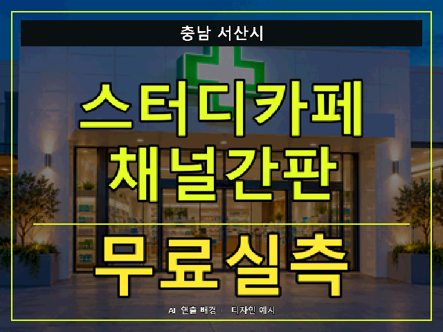 충남 서산시 스터디카페 채널간판 무료실측 안내 썸네일 · AI 연출 배경