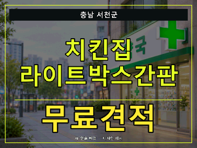 충남 서천군 치킨집 라이트박스간판 무료견적 안내 썸네일 · AI 연출 배경