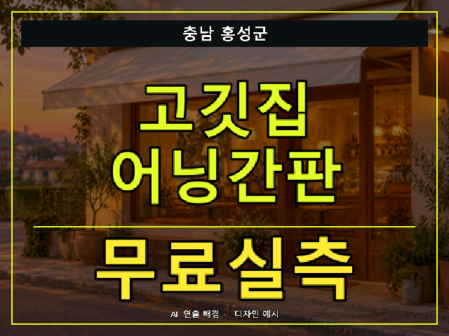 충남 홍성군 고깃집 어닝간판 무료실측 안내 썸네일 · AI 연출 배경
