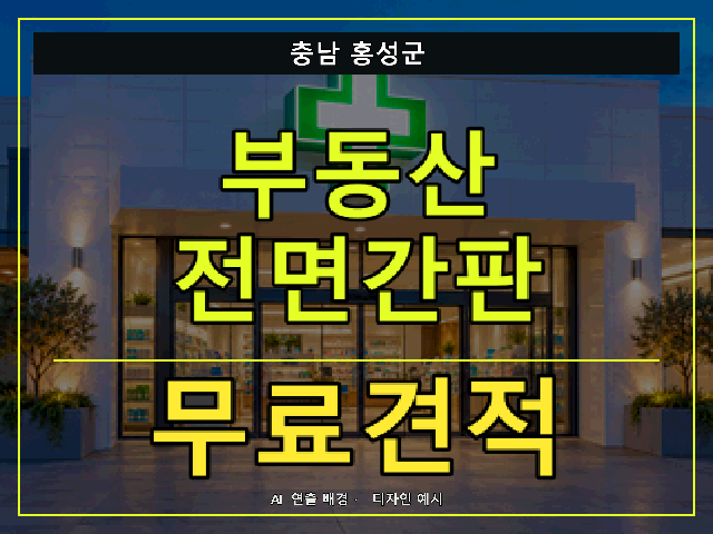 충남 홍성군 부동산 전면간판 무료견적 안내 썸네일 · AI 연출 배경