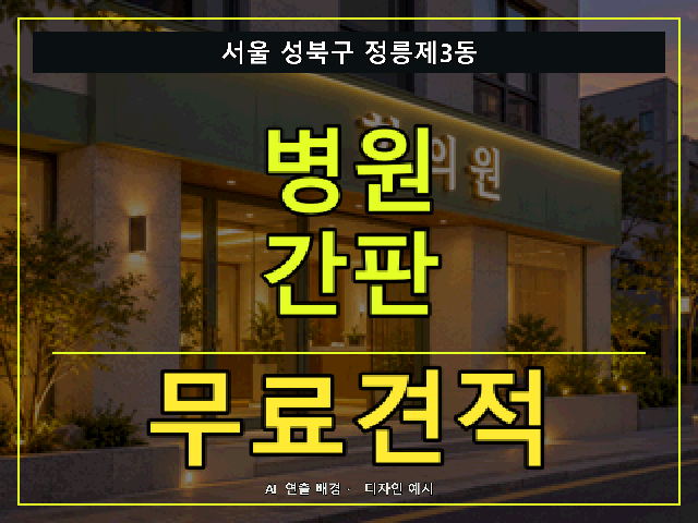 서울 성북구 정릉제3동 병원 간판 무료견적 안내 썸네일 · AI 연출 배경