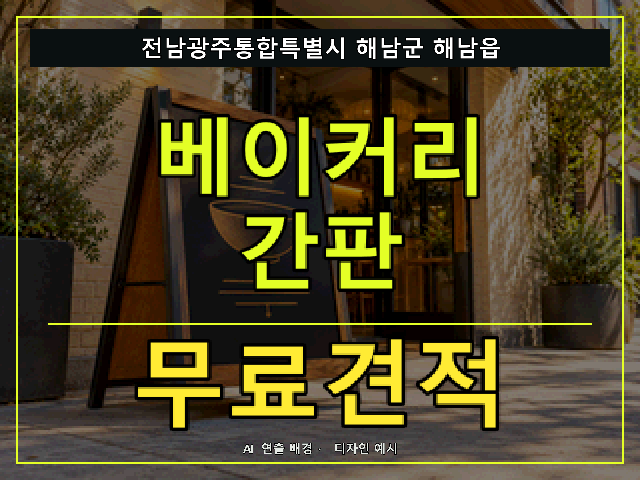 전남광주통합특별시 해남군 해남읍 베이커리 간판 무료견적 안내 썸네일 · AI 연출 배경