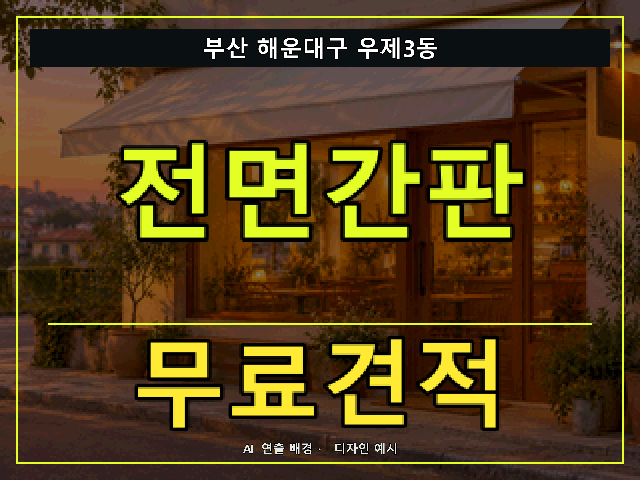 부산 해운대구 우제3동 전면간판 무료견적 안내 썸네일 · AI 연출 배경