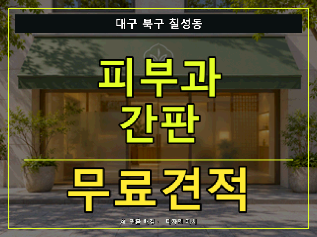 대구 북구 칠성동 피부과 간판 무료견적 안내 썸네일 · AI 연출 배경